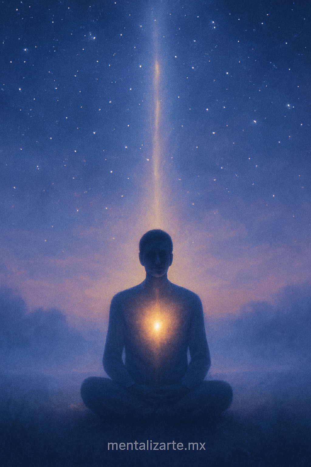 silueta de persona, en colores purpuras y azules siendo iluminada por una luz tenue naranja que conecta con su corazón